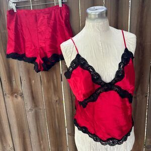 Vintage 80s CHANTEUSE LINGERIE SET Camisole Tap Panties  Red Satin Black Lace L